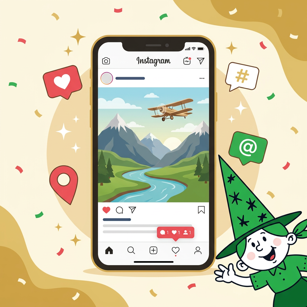 旅先の写真をInstagramに投稿し、公式アカウントをメンション＆ハッシュタグを付けるイメージイラスト