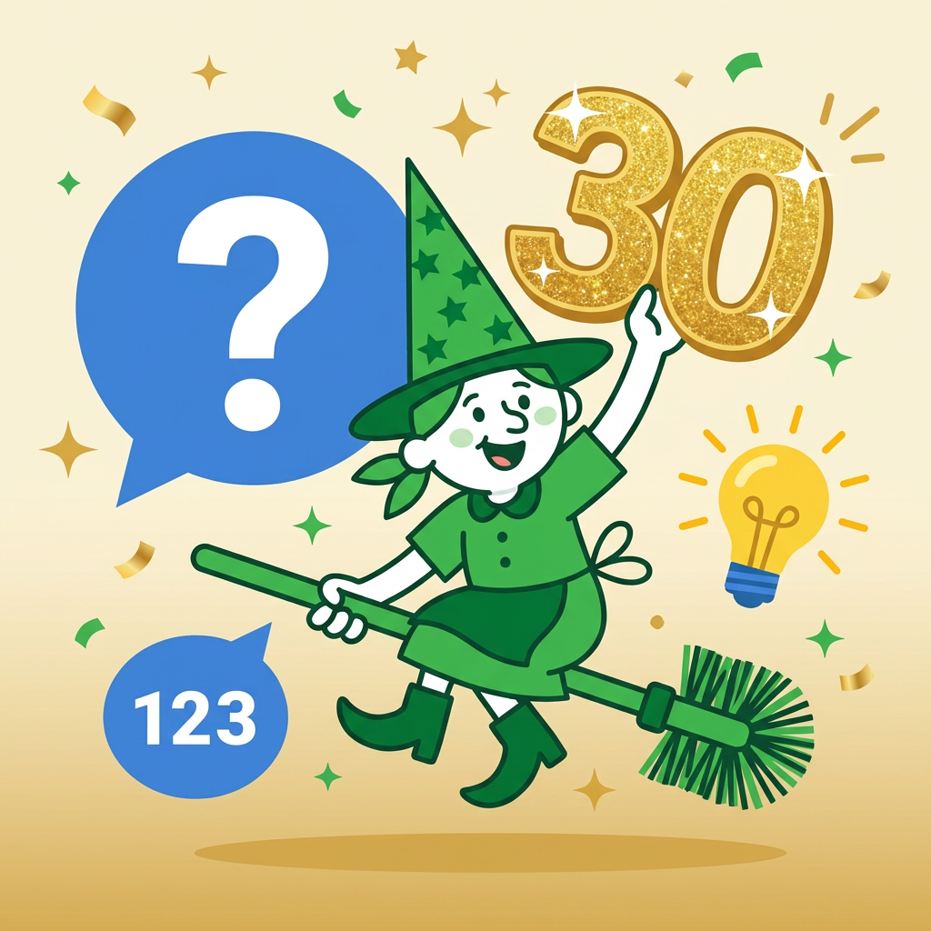 緑の魔女が30の数字を掲げているクイズイメージイラスト